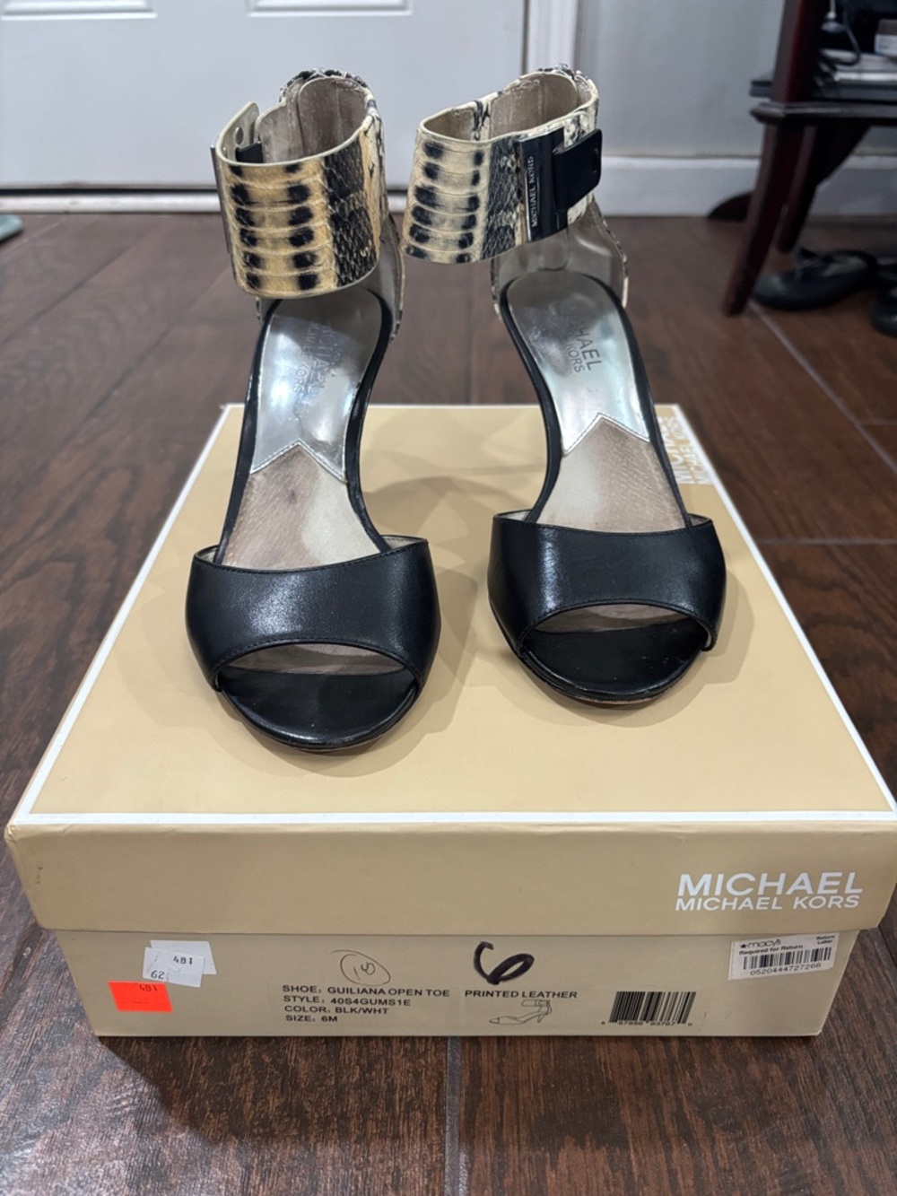 MICHAEL Michael Kors Black Leather Open-Toe Heels with Animal-Print Ankle Cuff